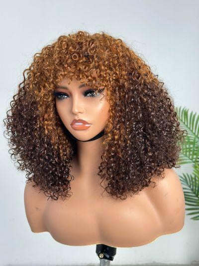 Beginner Friendly Honey Brown Human Hair Pissy Curls Bang Wig