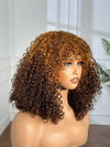 Beginner Friendly Honey Brown Human Hair Pissy Curls Bang Wig