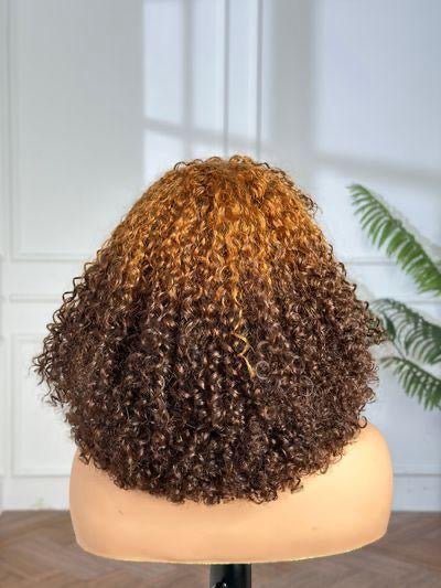 Beginner Friendly Honey Brown Human Hair Pissy Curls Bang Wig