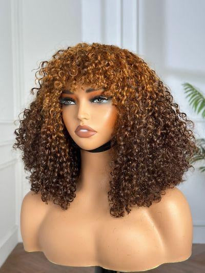 Beginner Friendly Honey Brown Human Hair Pissy Curls Bang Wig