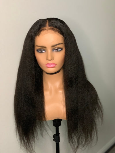 Glueless kinky straight human hair lace closure wig with 4C edges