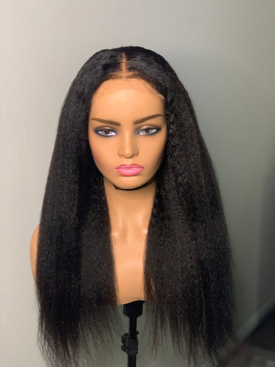 Glueless kinky straight human hair lace closure wig with 4C edges