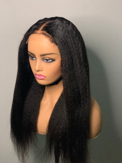 Glueless kinky straight human hair lace closure wig with 4C edges