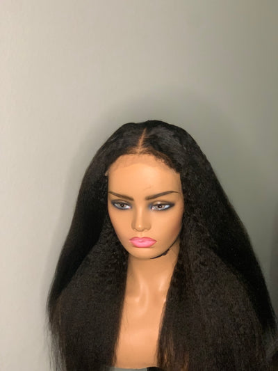 Glueless kinky straight human hair lace closure wig with 4C edges